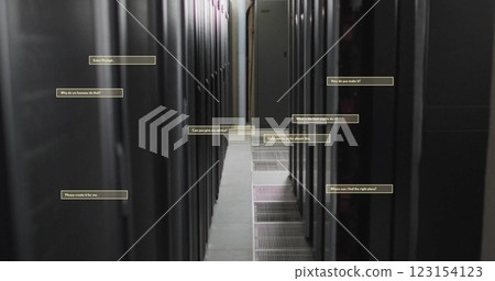Image of ai interface dialogue boxes over computer server room Image of ai interface dialogue boxes over computer server room 123154123