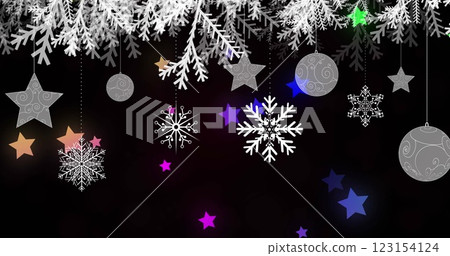 Image of snowflakes with christmas decorations and colourful stars on black background 123154124
