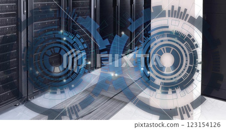 Image of two blue circular scanners processing over server room Image of two blue circular scanners processing over server room 123154126