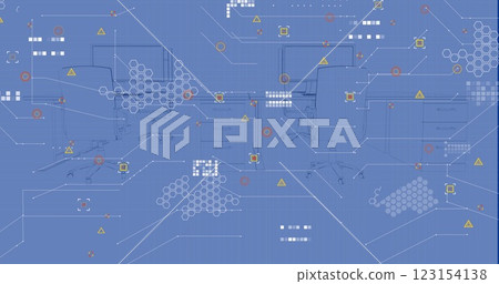 Image of computer circuit board over desks with computers on blue background 123154138