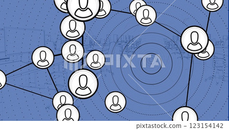 Image of network of connections with icons over desks with computers on blue background 123154142