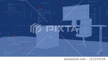 Image of data processing over desk with computer on blue background 123154144