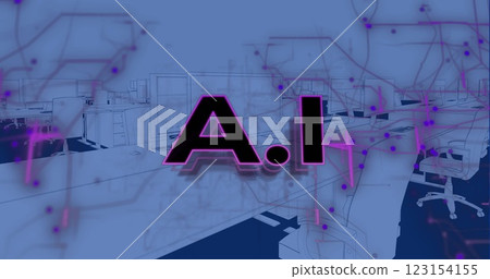 Image of ai text over desks with computers on blue background 123154155