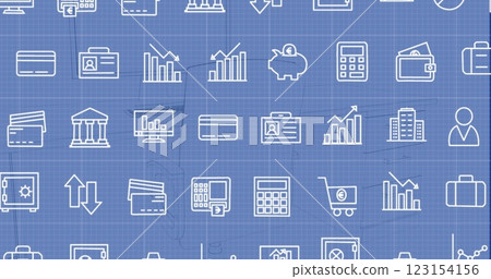 Image of business icons over desk with computer on blue background 123154156