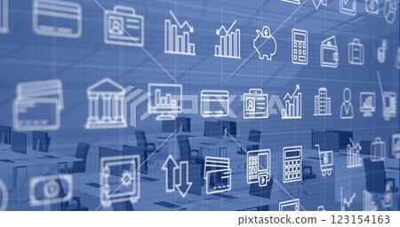 Image of business icons over desks with computers on blue background 123154163