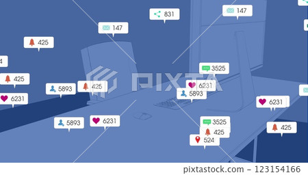 Image of social media icons with numbers over desk with computer on blue background 123154166