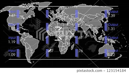Image of digital data processing and world map over black background 123154184
