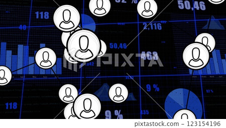 Image of connections with people icons, digital data processing over black background 123154196