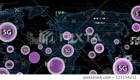 Image of 5g text, digital data processing and world map over black background 123154211