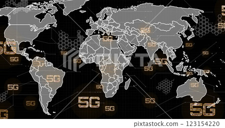 Image of 5g text, digital data processing and world map over black background 123154220