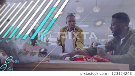 Image of financial data processing over diverse colleagues discussing work in office Image of financial data processing over diverse colleagues discussing work in office 123154248