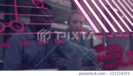 Image of financial data processing over diverse colleagues discussing work in office 123154251