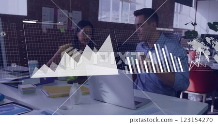 Image of financial data processing over diverse colleagues discussing work in office 123154270