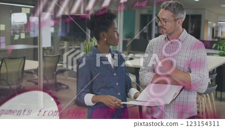 Image of data processing and diagrams over diverse colleagues discussing work Image of data processing and diagrams over diverse colleagues discussing work 123154311