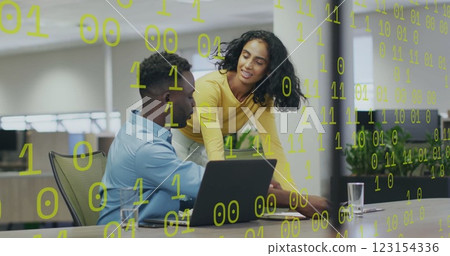 Image of binary coding over diverse colleagues discussing work Image of binary coding over diverse colleagues discussing work 123154336