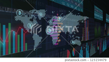 Image of digital data processing over bitcoin icons and world map 123154479