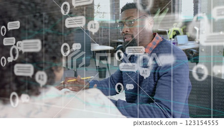Image of ai chat over diverse colleagues discussing work in office Image of ai chat over diverse colleagues discussing work in office 123154555