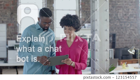 Image of ai chat and icons over diverse colleagues discussing work in office 123154557