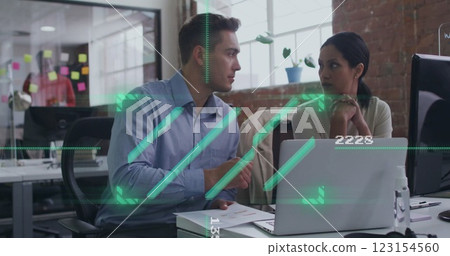 Image of data processing and scope scanning over diverse colleagues discussing work in office Image of data processing and scope scanning over diverse colleagues discussing work in office 123154560