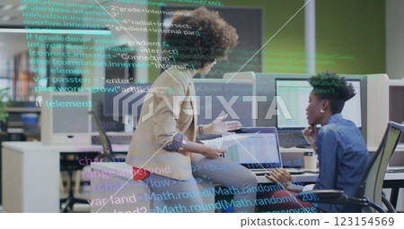 Image of data processing over diverse female colleagues discussing work in office 123154569