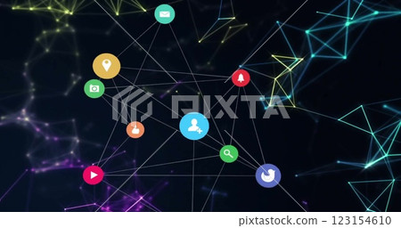 Image of network of connections with icons on black background Image of network of connections with icons on black background 123154610