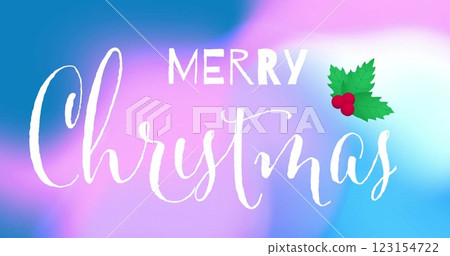 Image of merry christmas text over christmas decorations on glowing vibrant background 123154722