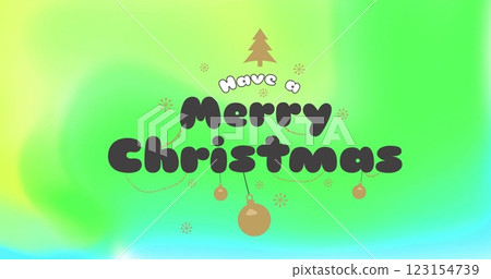 Image of merry christmas text over christmas decorations on glowing vibrant background 123154739