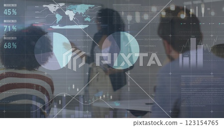 Image of data processing and diagrams over diverse colleagues at meeting 123154765