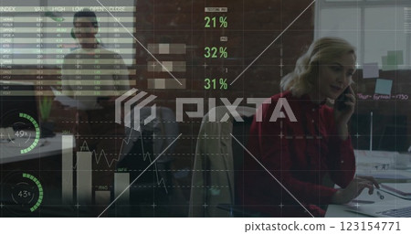 Image of data processing and diagrams over diverse colleagues working in office 123154771