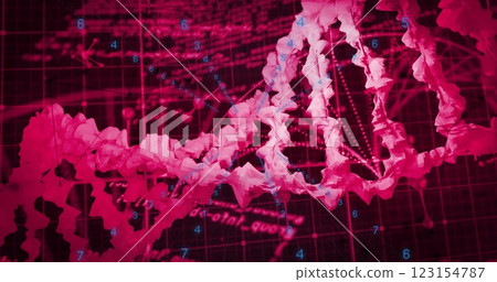 DNA strand and numerical data analysis image over red grid background DNA strand and numerical data analysis image over red grid background 123154787