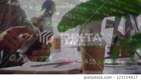 Image of financial data processing over caucasian businessman using smartphone 123154817