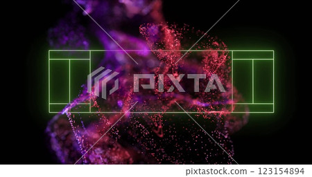 Neon green rectangles image over abstract purple and red particle background 123154894
