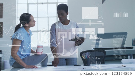 Image of financial data processing over diverse business people in office Image of financial data processing over diverse business people in office 123154899
