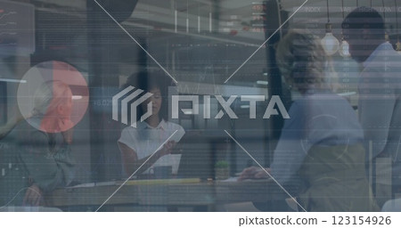 Image of financial data processing over diverse business people in office 123154926