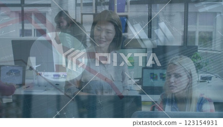 Image of financial data processing over diverse business people in office 123154931