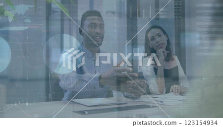 Image of financial data processing over diverse business people in office 123154934