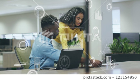 Image of financial data processing over diverse business people in office 123154950