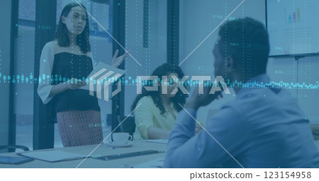 Image of financial data processing over diverse business people in office Image of financial data processing over diverse business people in office 123154958