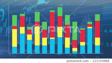 Image of colourful graph over charts and data processing on blue background Image of colourful graph over charts and data processing on blue background 123154966