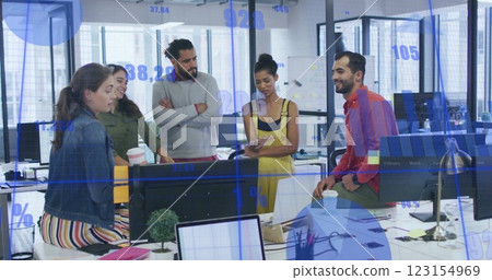 Image of financial data processing over diverse business people in office Image of financial data processing over diverse business people in office 123154969