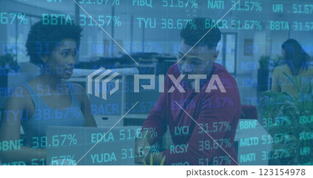 Image of financial data processing over diverse business people in office Image of financial data processing over diverse business people in office 123154978