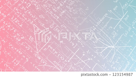 Image of layers of mathematical equations over pink and blue background 123154987