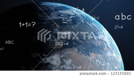 Image of mathematical data processing over globe on blue background 123155003