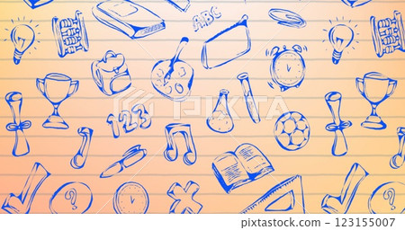 Image of education and school icons over orange lined paper 123155007