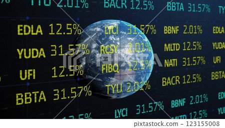 Image of financial data processing over globe on blue background 123155008