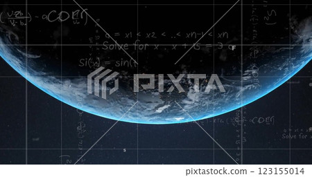 Image of mathematical data processing over globe on blue background 123155014