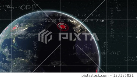 Image of financial data processing over globe on blue background Image of financial data processing over globe on blue background 123155021