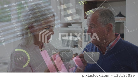 Image of financial data processing over senior caucasian couple drinking coffee 123155059