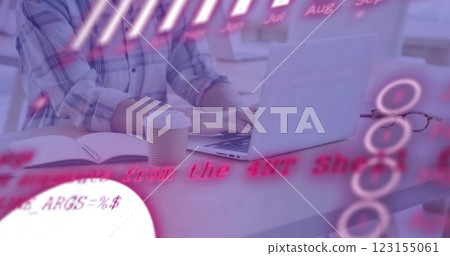 Image of financial data processing over caucasian businesswoman using laptop in office Image of financial data processing over caucasian businesswoman using laptop in office 123155061