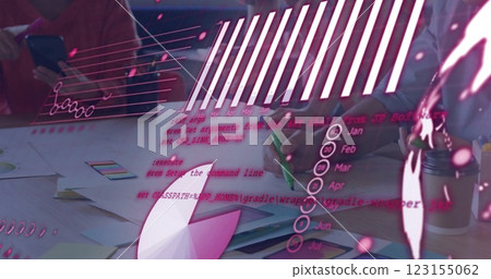 Image of financial data processing over diverse colleagues discussing work in office 123155062